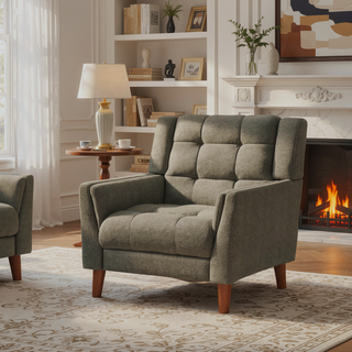 Sunvega Mid-Century Modern Armchair with Tufted Waffle Stitch and Tapered Brown Legs