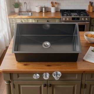 Sunvega 33x19 Inch Black Single Bowl Undermount Kitchen Sink with Drain Grooves