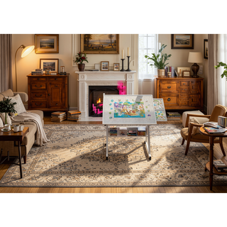 Sunvega Adjustable Height and Angle Puzzle Table with 4 Felt Storage Trays and Wooden Cover
