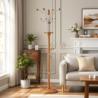 Sunvega 73-Inch Tall Chrome and Wood Coat Rack with Espresso Finish