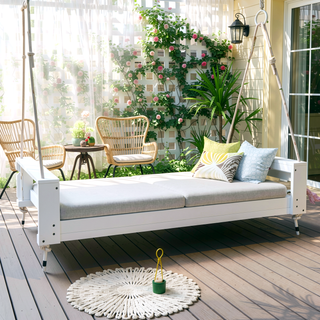 Sunvega Twin Size Acacia Wood Porch Swing Bed with Hemp Ropes for Garden
