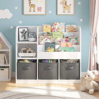 Sunvega Multifunctional 4 Tier Wooden Kids Bookshelf and Toy Storage Organizer with Display Stand