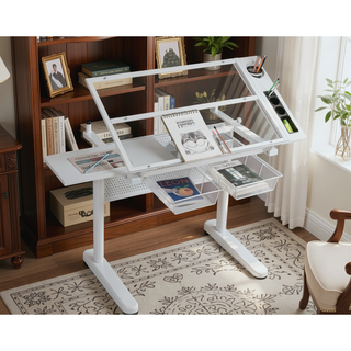 Sunvega Adjustable Height Drafting Table with Tiltable Tempered Glass Top and Stool