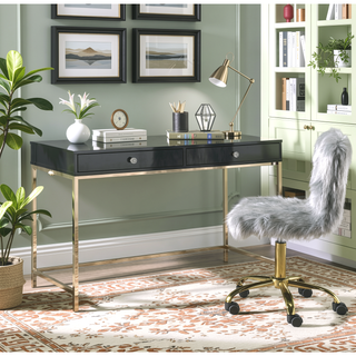 Sunvega White High Gloss Gold Finish Contemporary Vanity Desk with 2 Storage Drawers