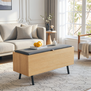 Sunvega Modern Light Oak Accent Storage Bench with Lift Top and Splayed Metal Legs