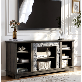 Sunvega Modern Faux Stacked Stone Mantel TV Media Stand with Open Storage