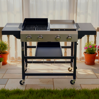 Sunvega 2 Burner Gas and Plancha Combo Grill with Cast Iron Grids and Enameled Stove Body