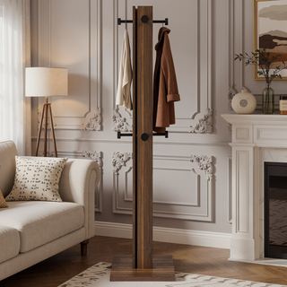 Sunvega Mid-Century Modern Walnut Coat Rack with 8 Black Metal Hooks