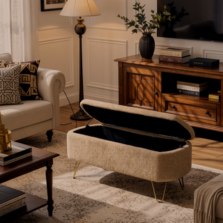 Sunvega Modern Upholstered Padded Storage Ottoman Bench with Gold Legs for Bedroom