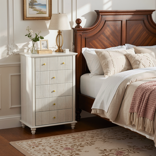 Sunvega Fluted 5 Drawer Dresser with Metal Handle and Wooden Top for Bedroom