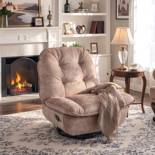 Sunvega Ivory Gold-Stamped Velvet Recliner with Swivel Gliding Rocking and Mobile Phone Holder