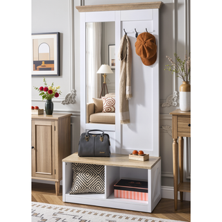 Sunvega Light Oak and White Finish Hall Tree with Mirror and Bench Storage Compartments