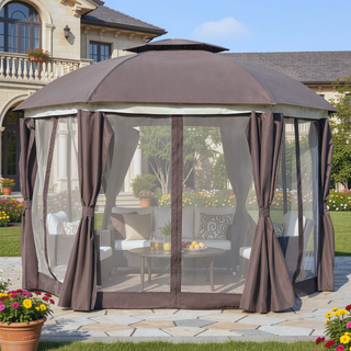 Sunvega 12x12 Round Outdoor Gazebo with Double Roof Netting Sidewalls and Curtains