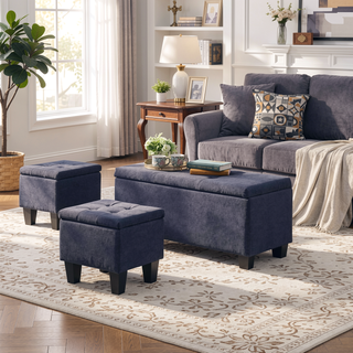 Sunvega Large Storage Ottoman Bench with Tufted Linen Design for Living Room