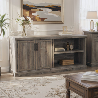 Sunvega Modern Brown Finished Storage Credenza with Adjustable Shelves and Double Doors