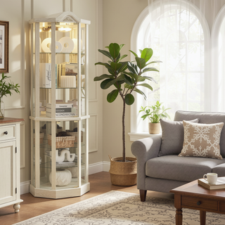 Sunvega Antique Glass Corner Cabinet with Adjustable Shelves and Built-in Light