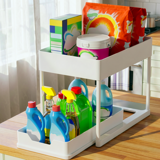 Sunvega White Two-Tier Extendable Sink Shelf for Maximizing Cabinet Storage Space