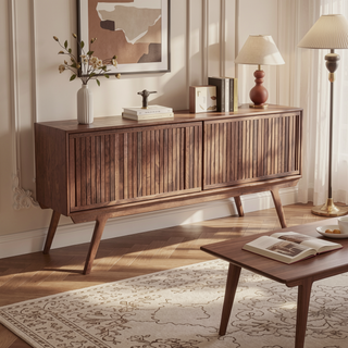 Sunvega Contemporary Walnut Wood Media Cabinet with Sliding Doors and Angled Legs