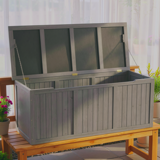 Sunvega 67 Gallon Outdoor Wooden Deck Box with Seat and Table Top
