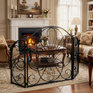 Sunvega Ornate Iron Fireplace Screen with Three-Panel Foldable Design