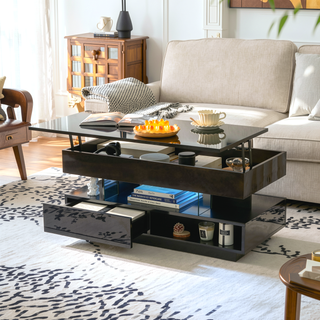 Sunvega Modern Lift Top Coffee Table with LED Lights 2 Drawers and Hidden Storage