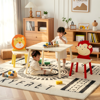 Sunvega Kids Table and 2 Chairs Set Wooden Activity Play Table with Bear and Tiger Design