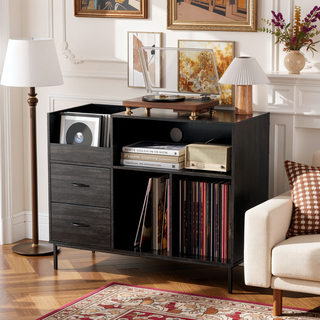 Sunvega Turntable Stand with Power Outlet Flip-Down Lid Storage for 300+ Vinyls