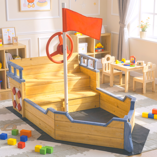 Sunvega Wooden Pirate Sandbox with Bench Seats, Storage, and Non-Woven Fabric Liner