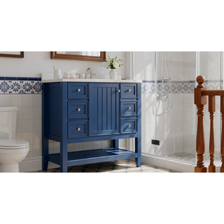 Sunvega 36 Inch Bathroom Vanity Cabinet Base with Drawers and Open Shelf in Black