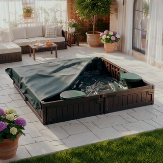Sunvega Kids Outdoor Sandbox with Cover, 4 Built-in Seats and Weatherproof Lid for Backyard