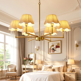 Sunvega Gold Finish 6-Light Rope and Fabric Shade Chandelier Pendant Lamp