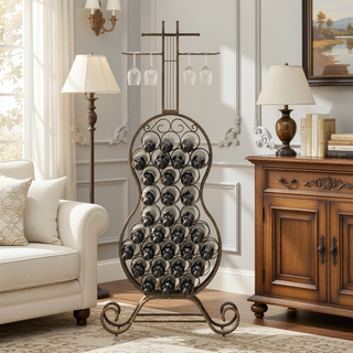 Sunvega Rustic Gold Cello Shape Wine Bakers Rack with Storage for Kitchen and Dining Room