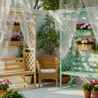Sunvega Natural Wooden Patio Garden Bench Arbor Arch with Pergola and 2 Trellises