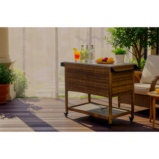 Sunvega Large Outdoor Wicker Bar Cart with Wheels and Glass Top for Patio
