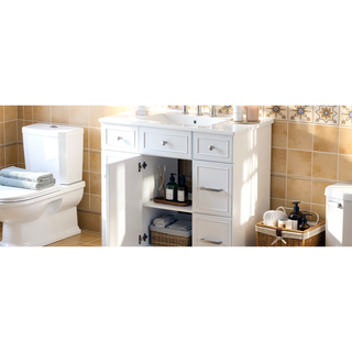 Sunvega 36 inch White Bathroom Vanity with Ceramic Sink and Soft Close Doors