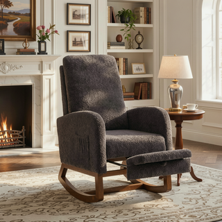 Sunvega High Back Boucle Rocking Chair with Retractable Footrest and Side Pocket