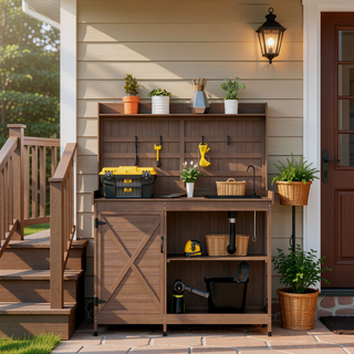 Sunvega Wooden Potting Bench with Storage Sink Water Tap for Patio Lawn Yard Garden