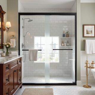 Sunvega Tempered Glass Sliding Shower Door with Aluminum Frame and Stainless Steel Handle