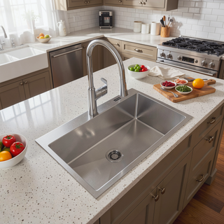 Sunvega 32x19 Inch Overmount Single Bowl Kitchen Sink in Brushed Nickel