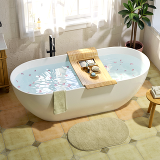 Sunvega 59 Inch Freestanding Solid Surface Soaking Bathtub with Overflow Drain for Contemporary Bathroom