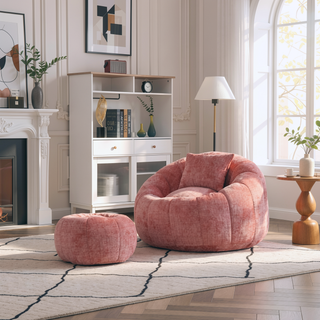 Sunvega Modern Pumpkin Shape Bean Bag Chair with Ottoman for Living Room