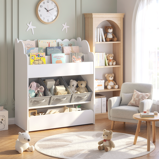 Sunvega White Wooden Kids Bookshelf with Storage Bins and a Drawer for Toys