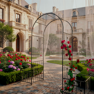 Sunvega Black Metal Garden Arch Trellis with Two Plant Stands for Climbing Plants
