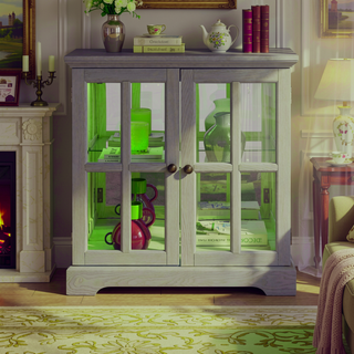 Sunvega Retro LED Curio Display Cabinet with Adjustable Glass Shelves and Magnetic Closure