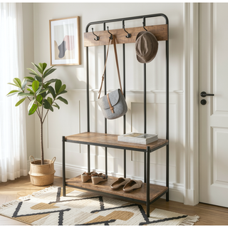 Sunvega Dark Brown Iron and Mango Wood Hall Tree with Four Hooks