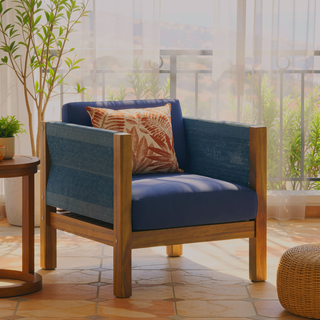 Sunvega Modern Acacia Wood Rattan Loveseat Set with Water-Resistant Cushions
