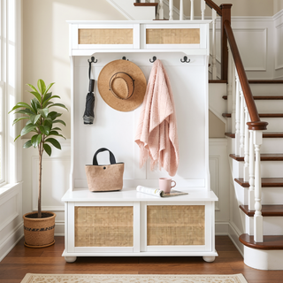 Sunvega Hall Tree Storage Bench with Rattan Door and Shoe Rack for Entryway