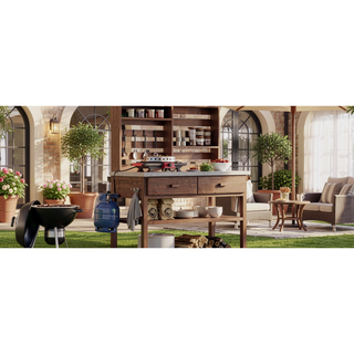 Sunvega Fir Wood Outdoor Potting Bench with Stainless Steel Top and Lockable Wheels
