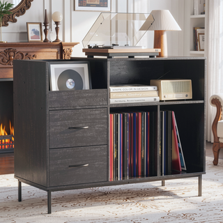 Sunvega Turntable Stand with Power Outlet Flip-Down Lid Storage for 300+ Vinyls