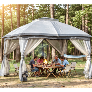 Sunvega Outdoor Canopy Gazebo with Mesh Walls and Double-Tier Roof for Patio